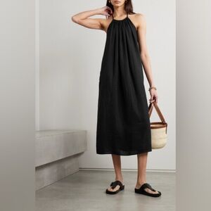 James Perse Gathered Linen Midi Dress In Black